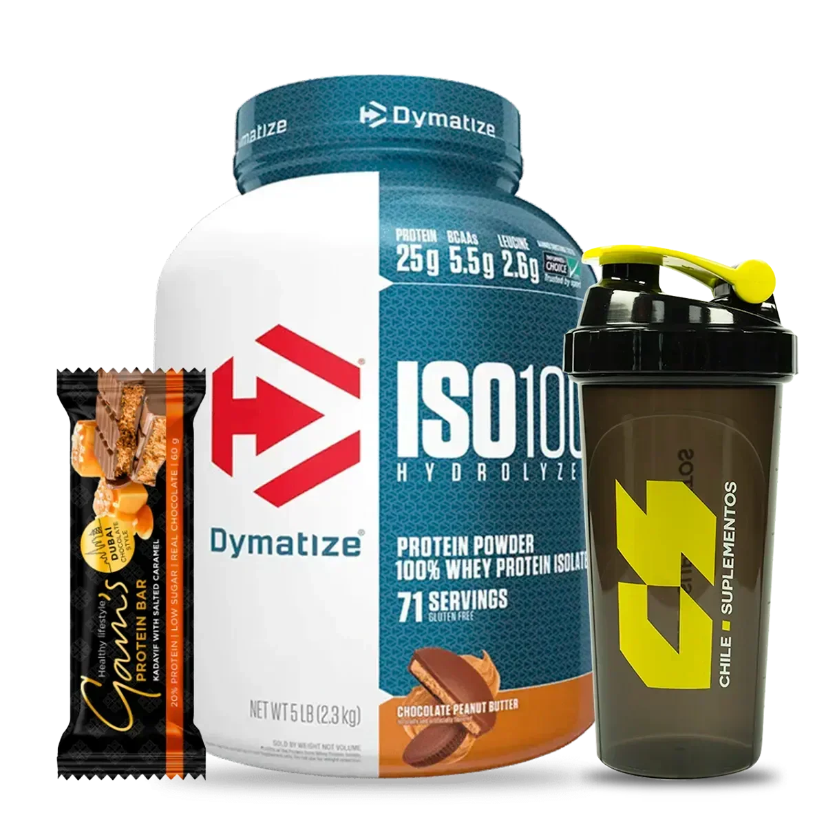 ISO 100 Dymatize 5 LB · 71 Porciones · Barrita Dubai + Shaker de Regalo — 67% OFF